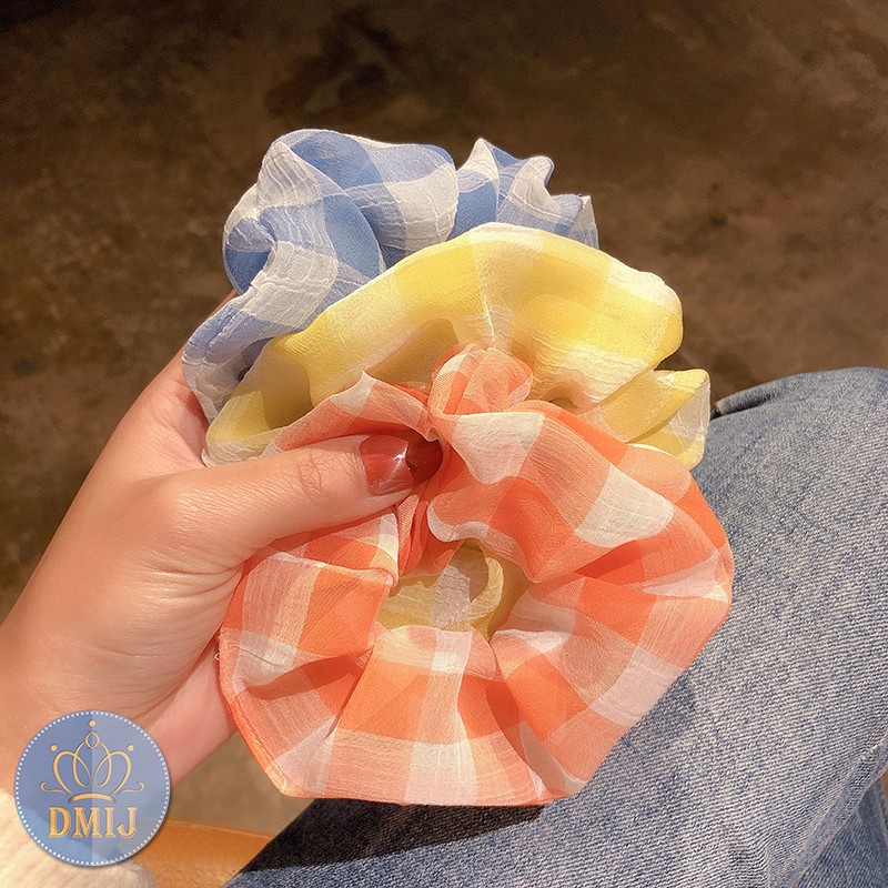 Cột Tóc Vải Scrunchies Họa Tiết Caro To Phong Cách Hàn Quốc