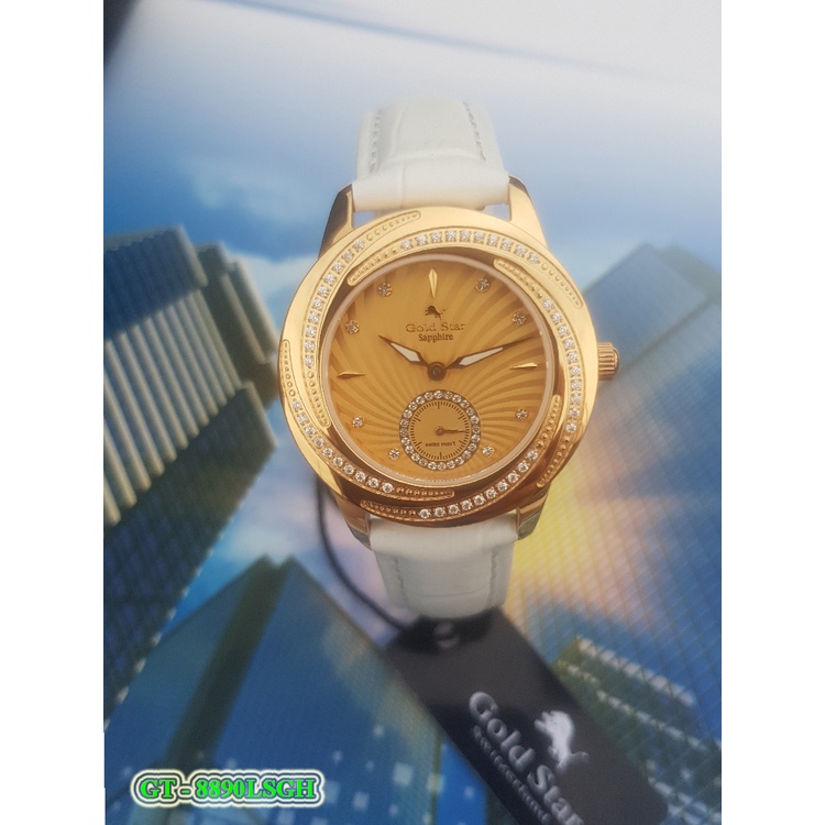 *Gold Star* Đồng Hồ goldstar Nữ GT – 8890L, Thép 316L, Kính Saphia, Gắn Kim Cương, Mạ Vàng 24k, Nước 50mét