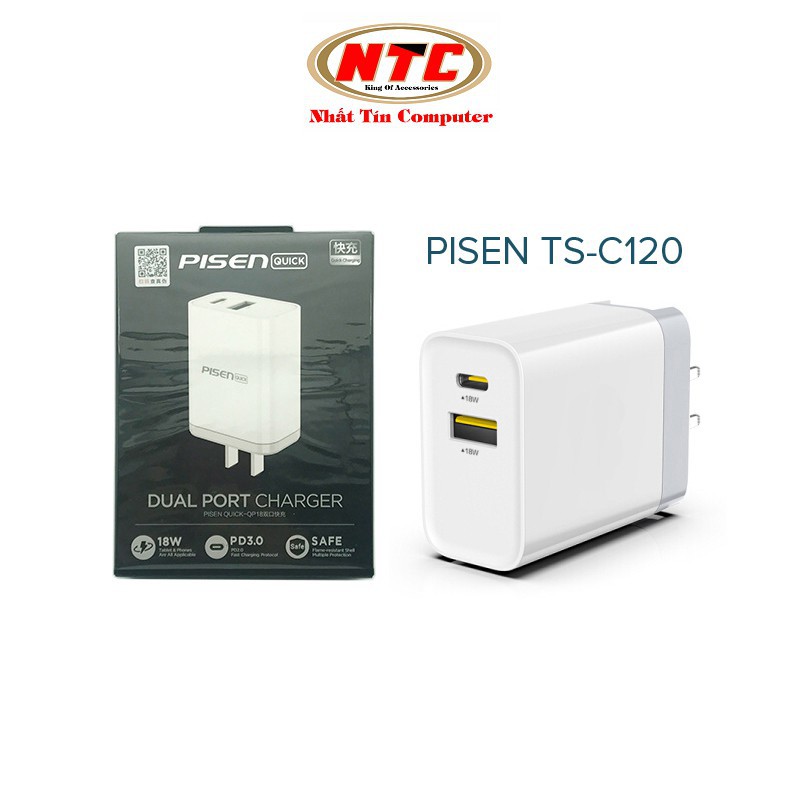 k89 Cốc sạc nhanh 2 cổng Pisen TS-C120 hỗ trợ USB QC 3.0 và TypeC PD 18W (Trắng) 1