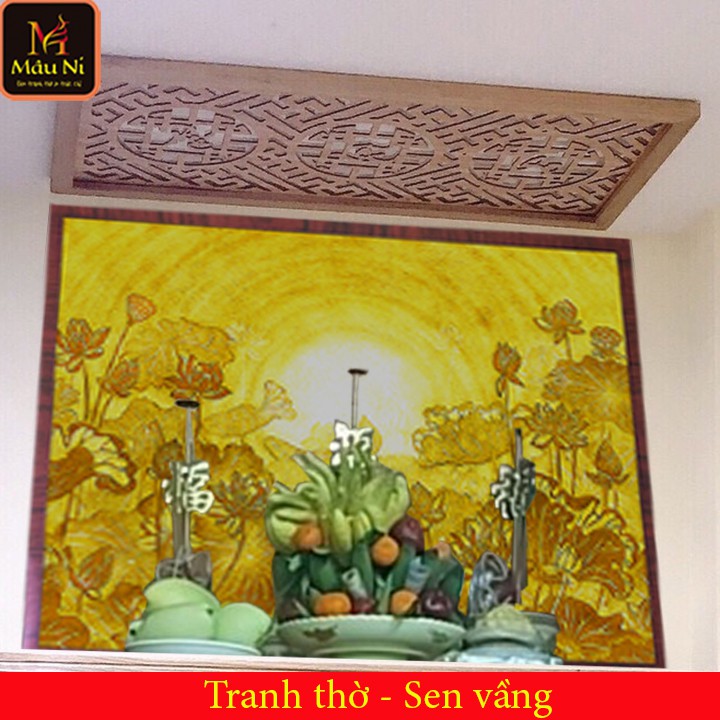 TRANH DÁN TƯỜNG Bàn thờ thần tài thổ địa [ ông tài ông địa ] - kt 61cmx81cm - sen hội tụ tỏa dọc