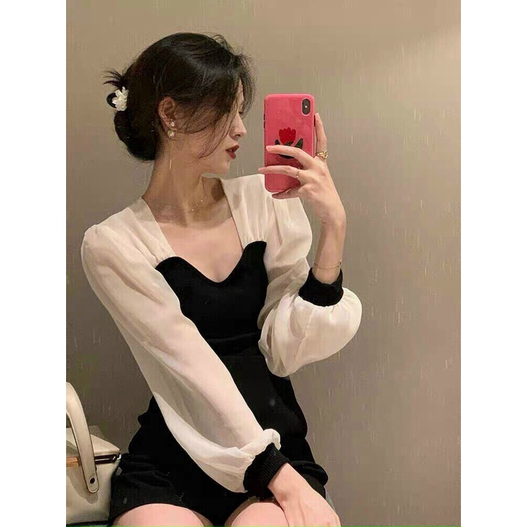 ( MIỄN PHÍ SHIP 2022) Váy nữ ôm body màu đen phối tay phồng voan, đầm tiểu thư phong cách đơn giản