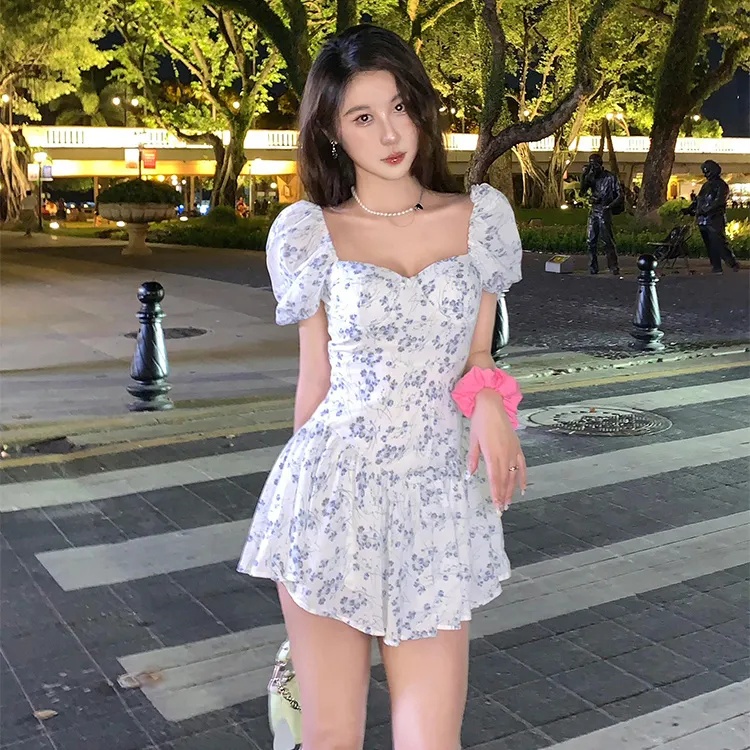 [MURIOKI] Đầm Ngắn In Hoa Tay Phồng Phong Cách Pháp Thời Trang Cho Nữ