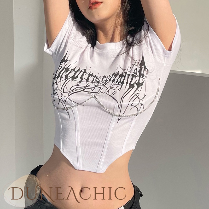 DUNEA Áo thun lửng dáng ôm in họa tiết phối dây xích thời trang mùa hè cho nữ