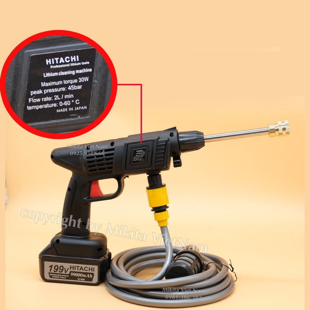 Máy rửa xe pin cầm tay Hitachi, máy rửa xe mini, dụng cụ làm vườn