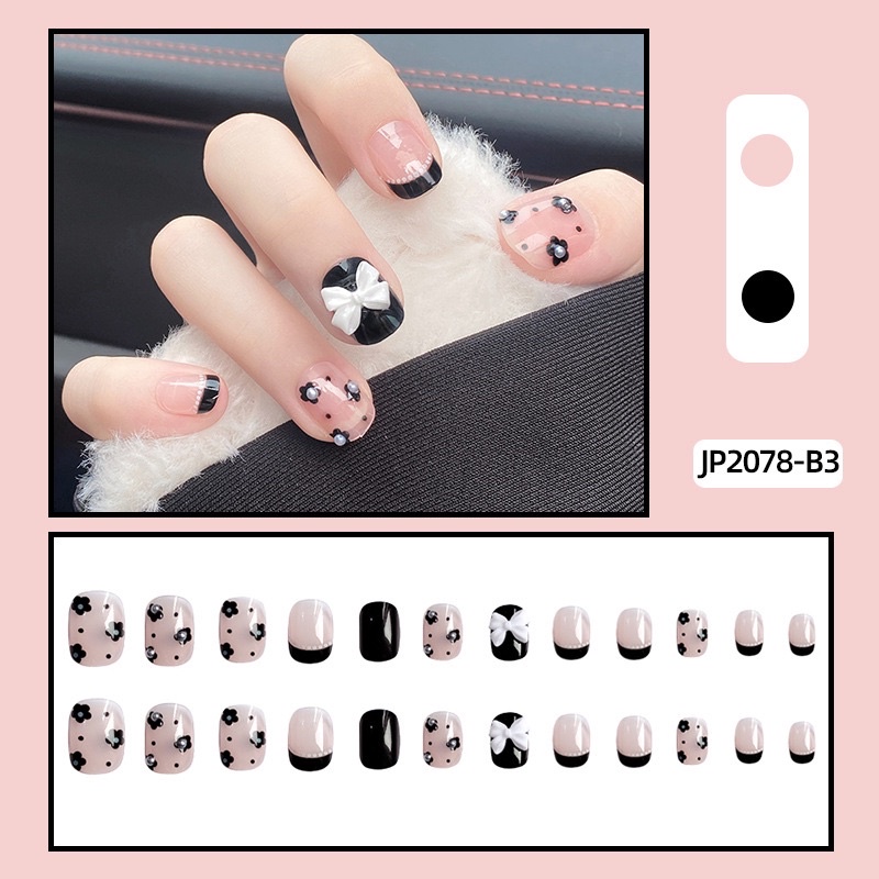 [Hàng mới về]Bộ 24 móng giả form ngắn đính charm nơ