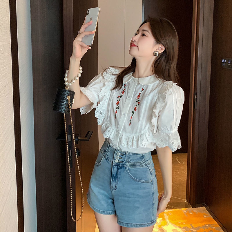 Áo Kiểu Tay Phồng Ngắn Phối Ren Thêu Họa Tiết Thời Trang Mùa Hè Cho Nữ