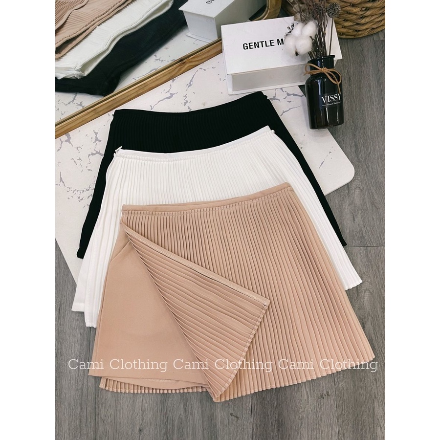 Chân Váy Quần Dập Ly Mini Xẻ Tà 1 Bên Lapi VN, Form Ngắn Có Size, Có Túi Bên Hông Và Khóa Kéo, Phong Cách Ulzzang