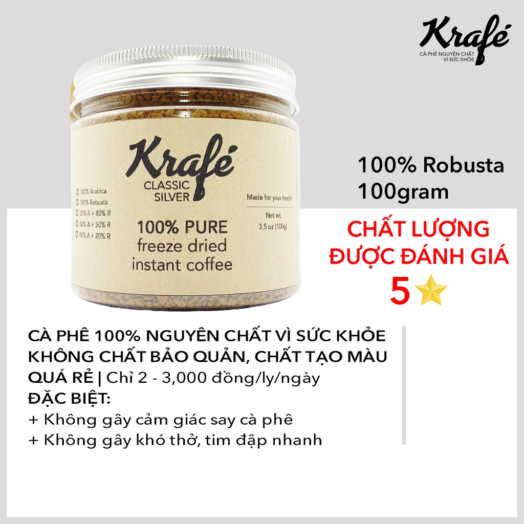 Cà phê hòa tan sấy lạnh Krafé 100% Robusta | 100 gram - Classic Silver