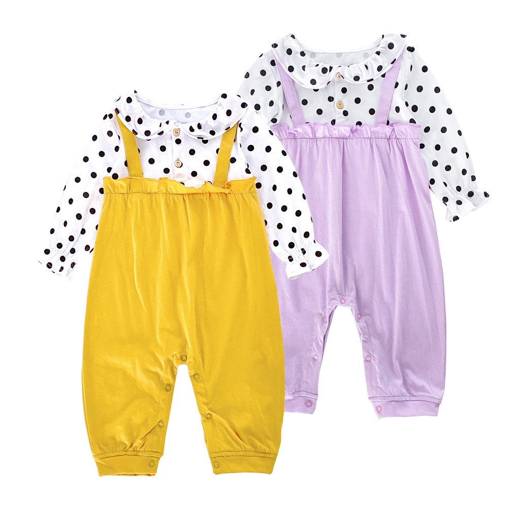 Áo liền quần SANLUTOZ vải cotton dài tay phối chấm bi dễ thương cho bé gái sơ sinh