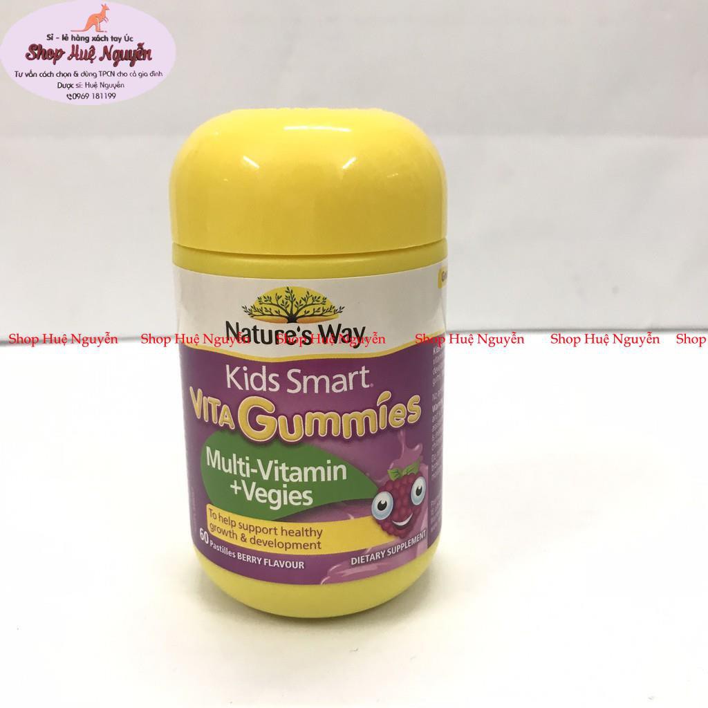 Vita Gummies Nature's Way Úc 60 viên, bổ sung vitamin cho bé dạng kẹo cảm cúm, biếng ăn, canxi, omega3, Zinc