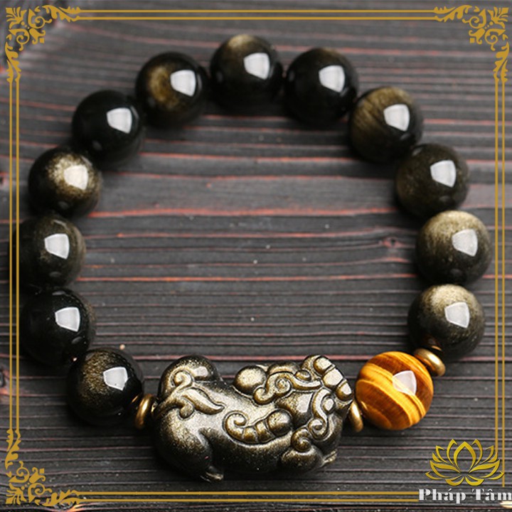 Vòng Tay Đá Núi Lửa Obsidian Vàng Đen Mix Tỳ Hưu Cao Cấp