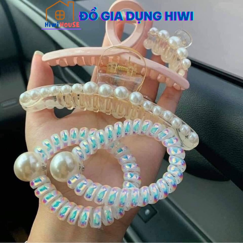 Sét 5 Kẹp Tóc Ngoạm Giả Ngọc Trai Kèm Dây Buộc Siêu Sang