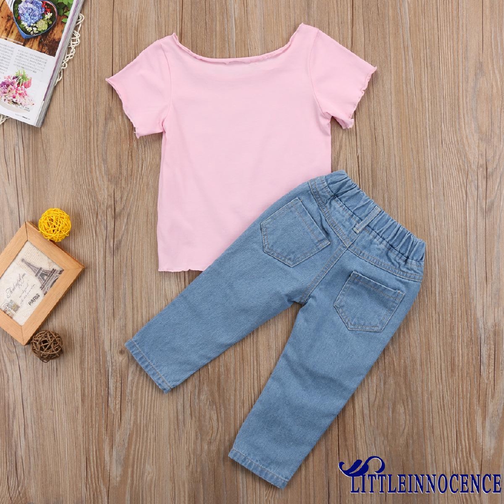 ❤XZQ-Kids Baby Girls T shirt Tops+Mesh Jeans Pants 2pcs Outfits Set Clothes