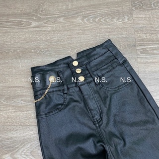 Quần da nữ 3 cúc cạp cao sẻ v sau xích sườn cạp cao lót nỉ