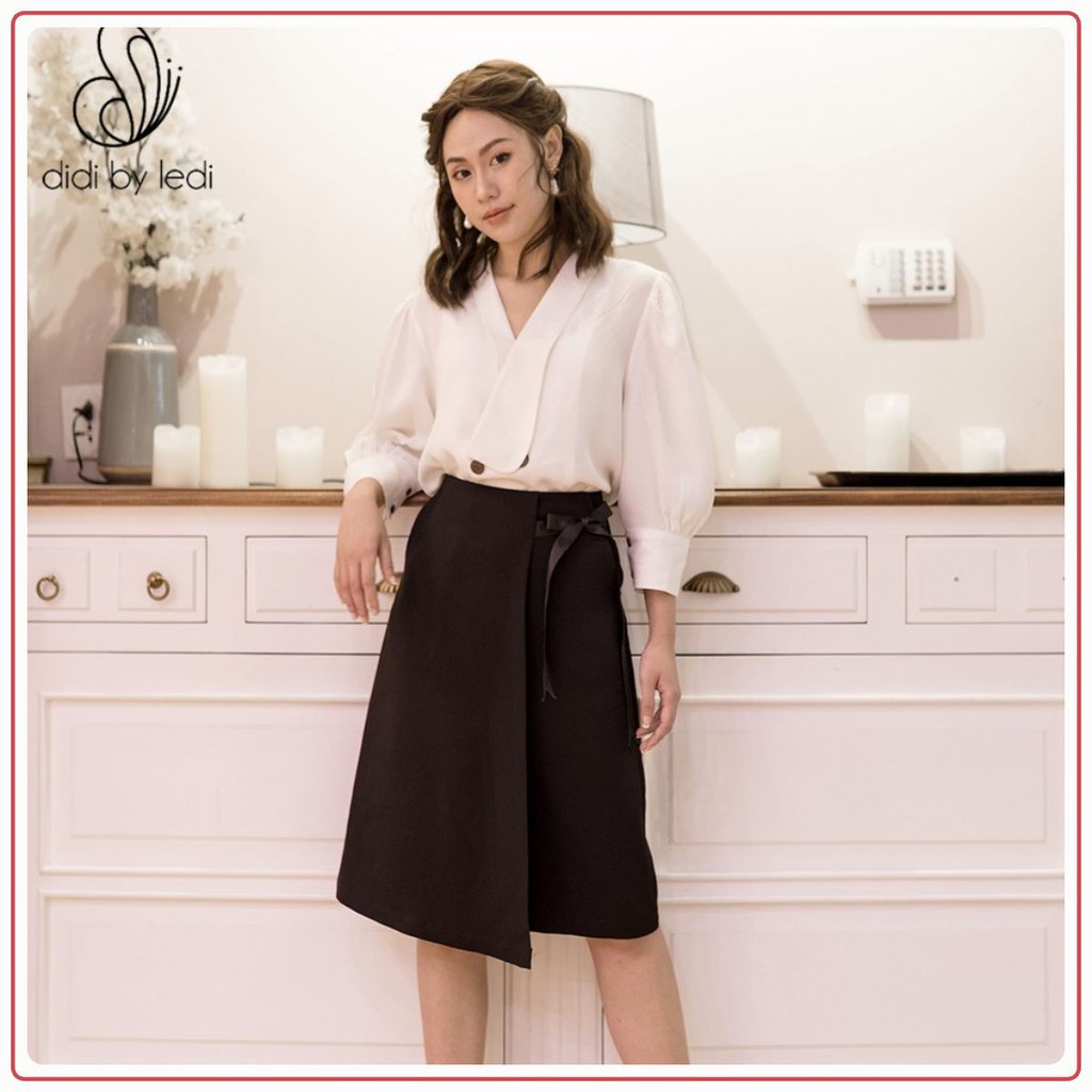 Váy công sở DIDI by LEDI, Chân váy kiểu tà thắt nơ eo, dáng suôn lưng cao, vải Visco màu Đen  size S M L XL - V950