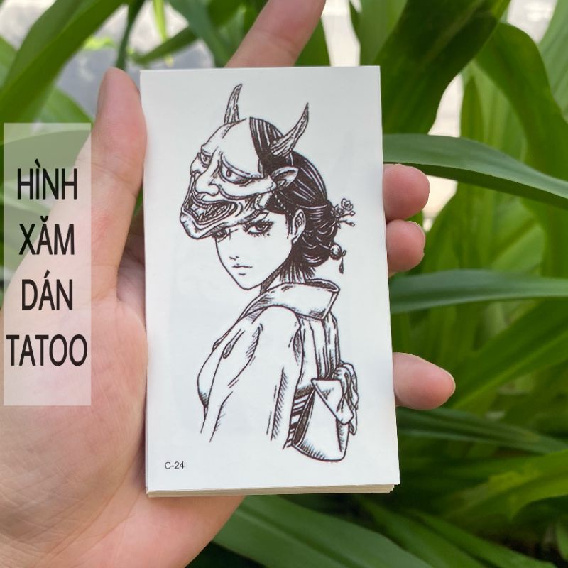 Hình xăm cô gái đội mặt nạ quỷ c24. Tatoo dán tạm thời size &lt;10x6cm. Tomie style