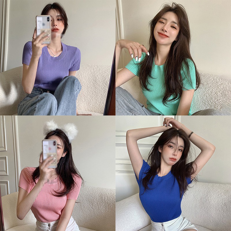 Áo Thun Dệt Kim Ngắn Tay Cổ Tròn Màu Trơn Thời Trang Hàn Quốc