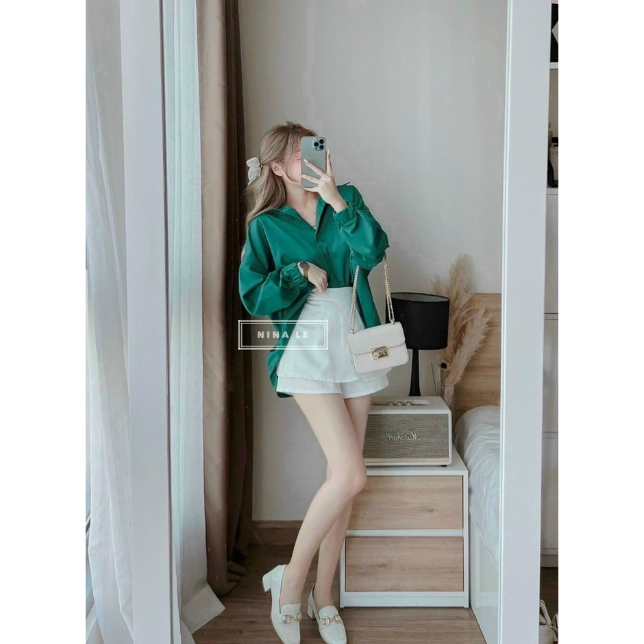 Sét Sơ Mi Công Sở Phong Cách Hàn Quốc,Chân Váy Trắng Midi Giả Quần,Áo Sơ Mi Tay PhồngMàu Xanh Cổ V Mặc Đi Làm Sang Chảnh