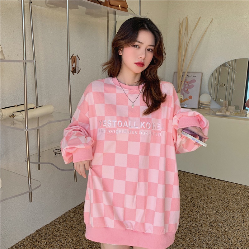 Áo sweater tay dài dáng rộng sọc ca rô phối màu sắc tương phản trẻ trung thời trang dành cho nữ | BigBuy360 - bigbuy360.vn