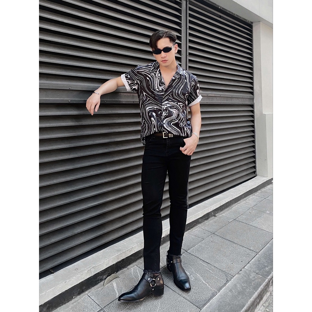 Áo sơ mi nam POLYS Fullbox chính hãng, Lụa Vân Chéo thoáng mát, không nhăn. Sơ mi tay ngắn họa tiết BLACK MARBLE