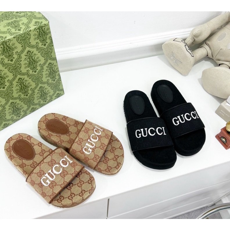 Dép nữ quai ngang họa tiết GG chữ thêu Nguyên hộp hãng cao cấp