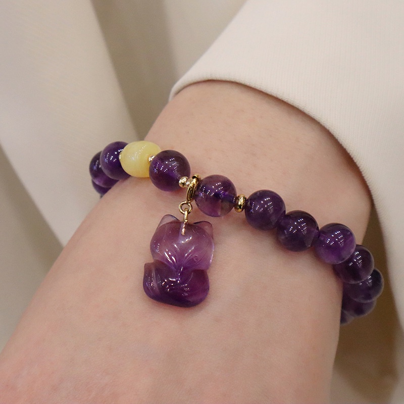 [Hàng Mới Về] Vòng Tay Chuỗi Hạt Thạch Anh Tím Cảm Giác Chạm Khắc Hình Cáo