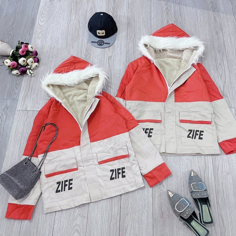 áo khoác kaki lót lông be phối cam Zife
