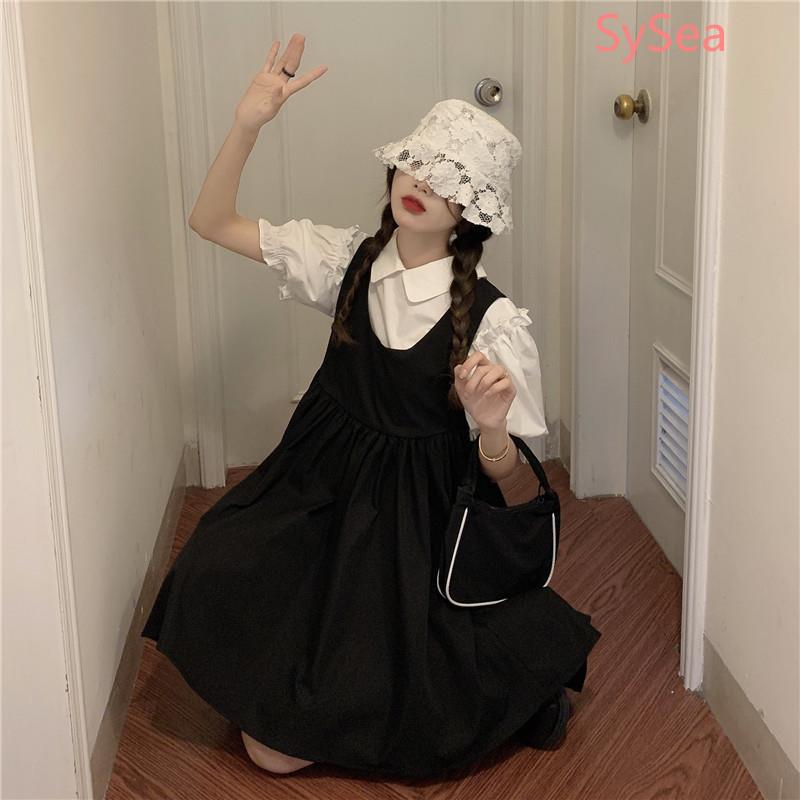 Set áo ngắn tay + đầm dáng chữ A xinh xắn phong cách retro thời trang cho nữ