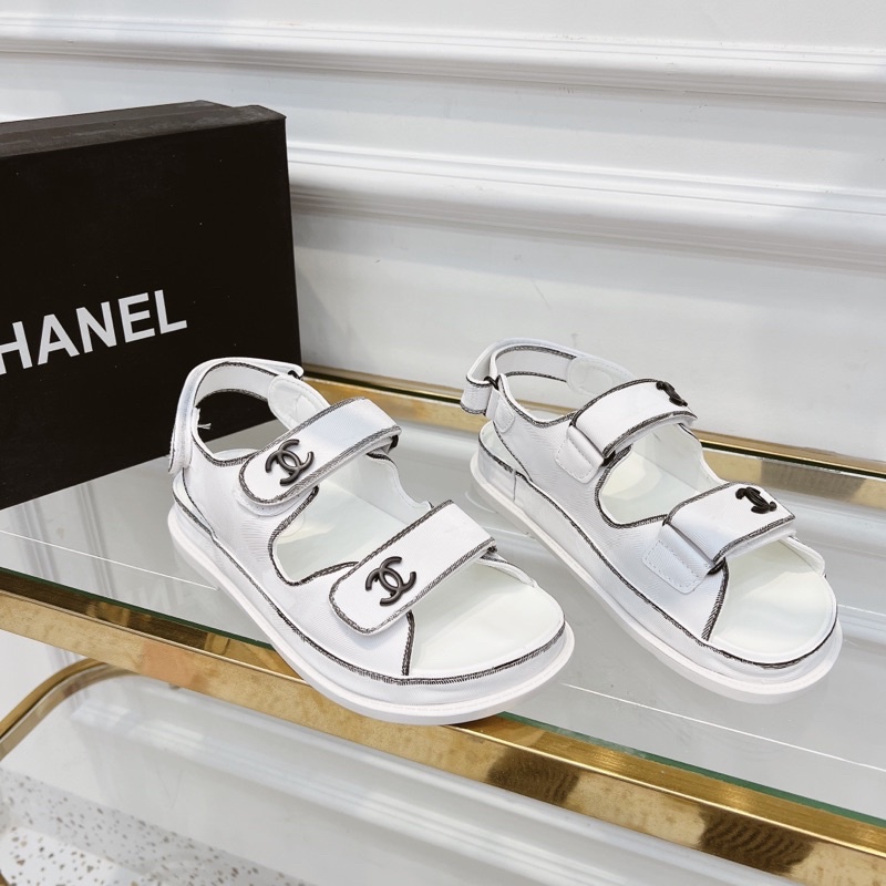 Sandal cn trắng viền kẻ quai dán ngang tag logo đế bằng fullbox