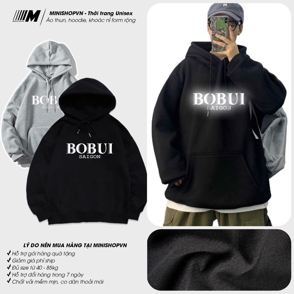 Áo hoodie phản quang Bobui nam nữ form rộng chất nỉ dày mềm mịn