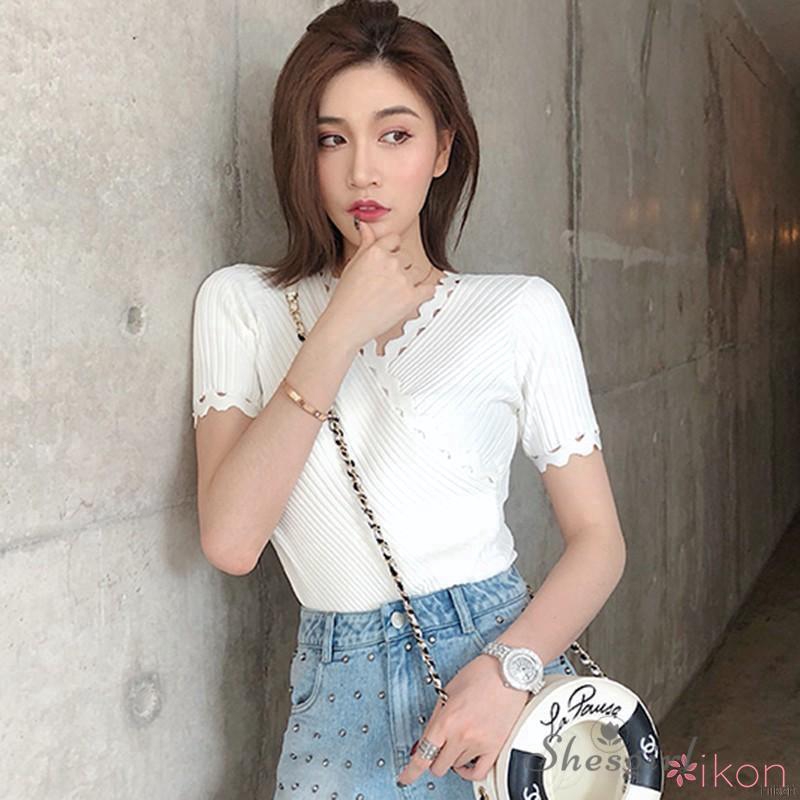 Women V Neck Solid Sexyshort Sleeve Knitted Slim T-Shirt | BigBuy360 - bigbuy360.vn