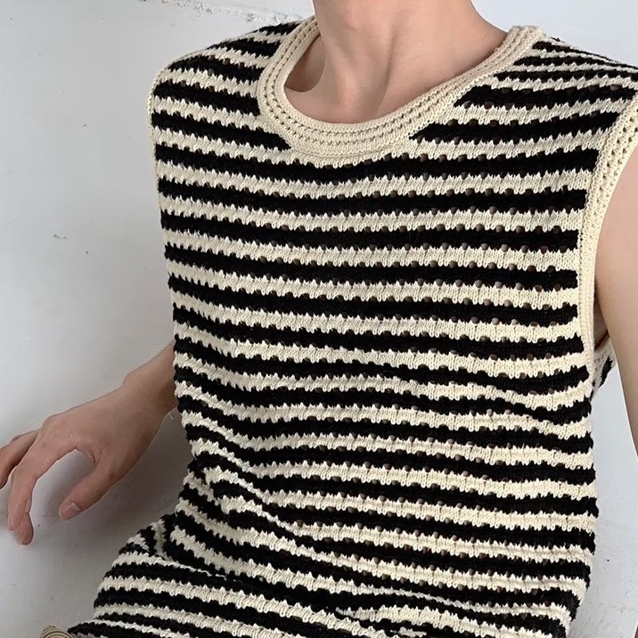 Áo Len Không Tay Cổ Tròn Họa Tiết Kẻ Sọc Trắng Đen Thời Trang Mùa Hè Cho Nam