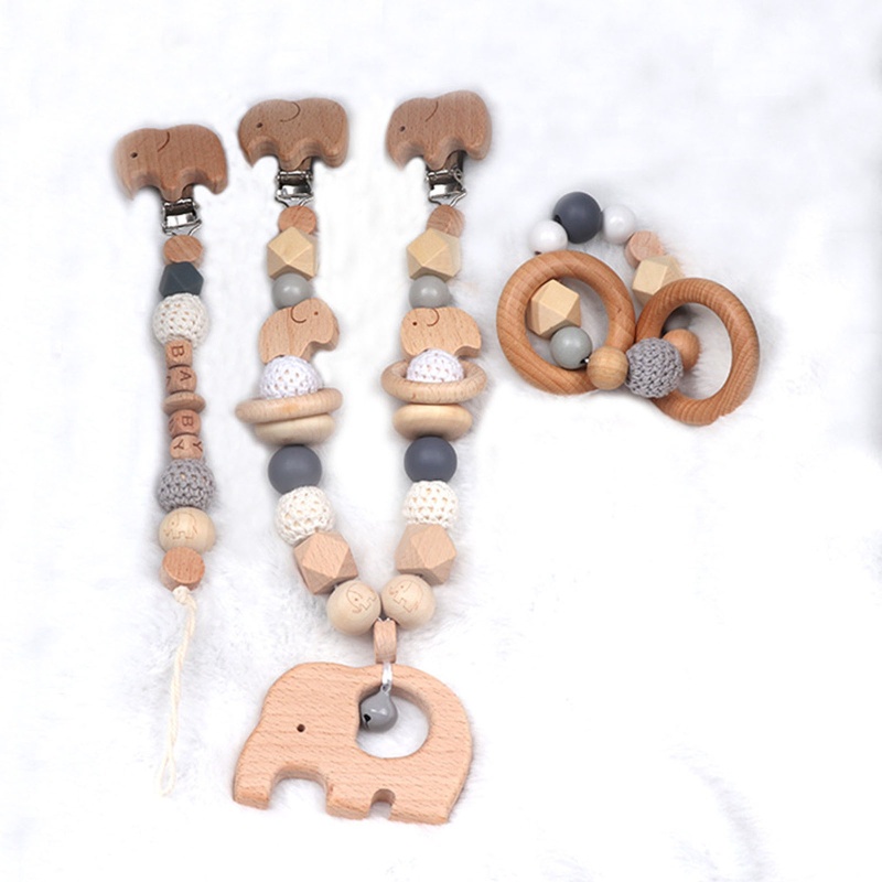 Set 3 Dây Đeo Núm Vú Giả Gắn Xe Đẩy Em Bé Hình Chú Voi Dễ Thương