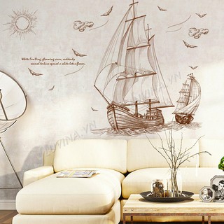 [ĐƠN 200K TẶNG QUÀ SIÊU YÊU]-Decal dán tường LUVINA trang trí phòng khách, phòng ngủ, quán cafe- Thuyền buồm nâu