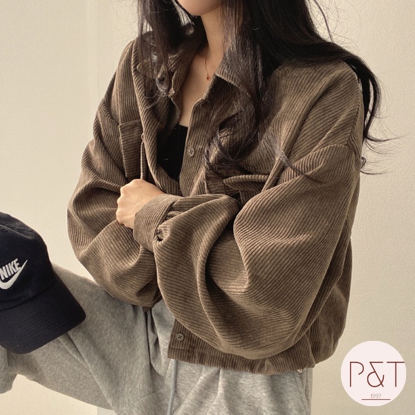 Áo sơ mi nhung nữ croptop tay phồng, Áo khoác sơ mi nữ tay dài dáng rộng thời trang