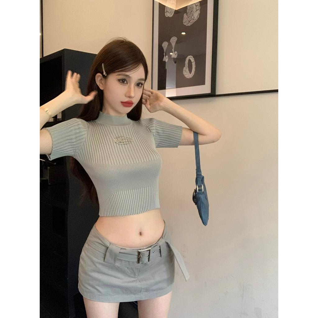 Y2K Áo Croptop Dệt Kim Tay Ngắn Cổ Cao Dáng Ôm Thời Trang Cho Nữ