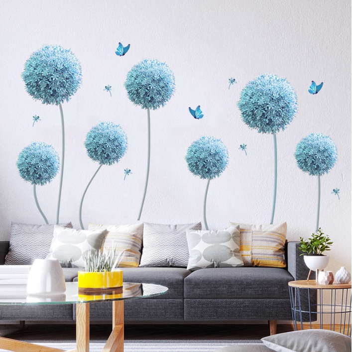Decal giấy dán tường - Hoa Bồ công anh xanh dương tinh tế size lớn ( 2 tấm có bán lẻ )
