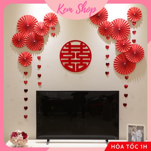 Set 6 quạt giấy đỏ Party Fan cao cấp Kem Shop trang trí đám cưới, lễ hội, Tết năm mới - K290