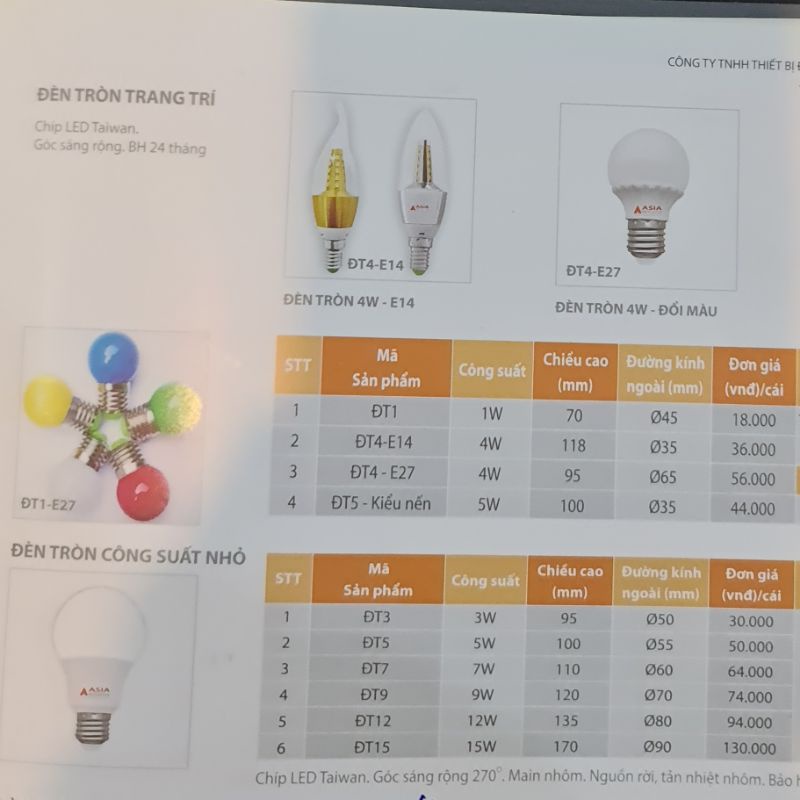 Bóng đèn led Búp tròn Asia 3->15w, đui e27, góc sáng rộng 270 độ, bảo hành chính hãng 2 năm.