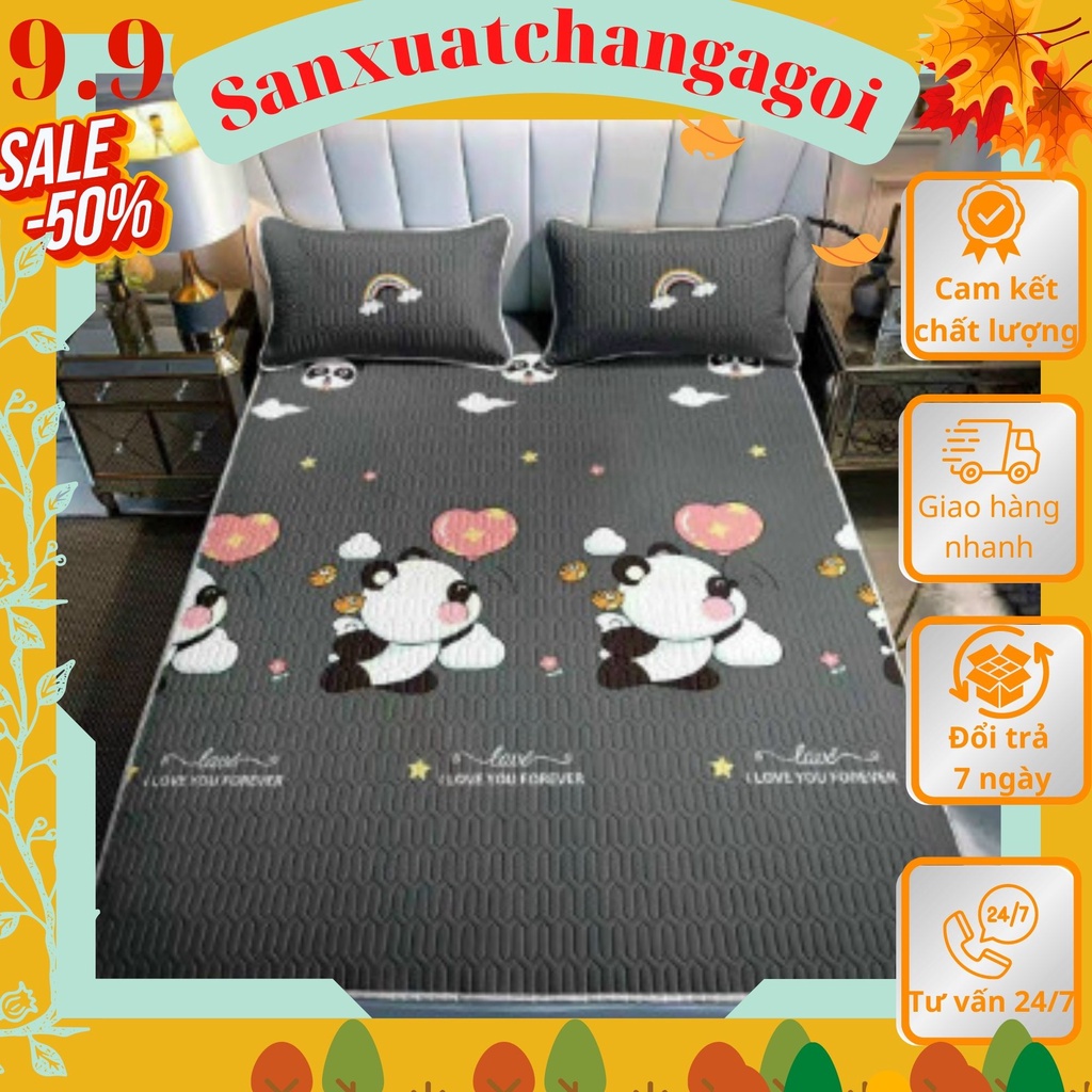 Chiếu điều hòa cao su non kích thước 2m-2m2 gồm ga trải đệm kèm 2 áo gối mẫu gấu tim ghi-sanxuatchangagoi