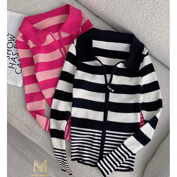 Áo khoác len sọc tay dài dây kéo minie