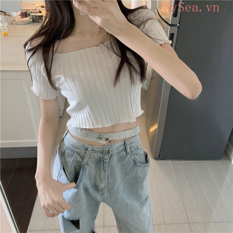 Áo Croptop Dệt Kim Nữ Tay Ngắn Màu Xanh Lá
