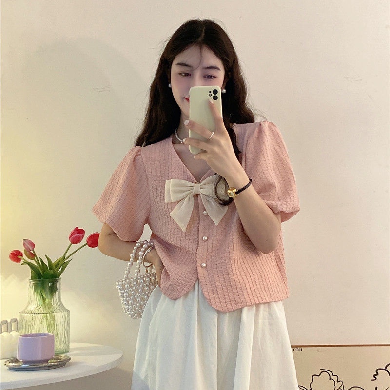 Áo Sơ Mi Tay Ngắn Phồng Ngắn Cổ Chữ V Thắt Nơ Thời Trang Mùa Hè Mới Cho Nữ