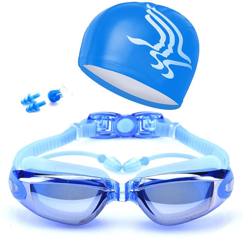 Bộ kính bơi chống sương mù + nút bịt tai + nón bơi và kẹp mũi cho người lớn