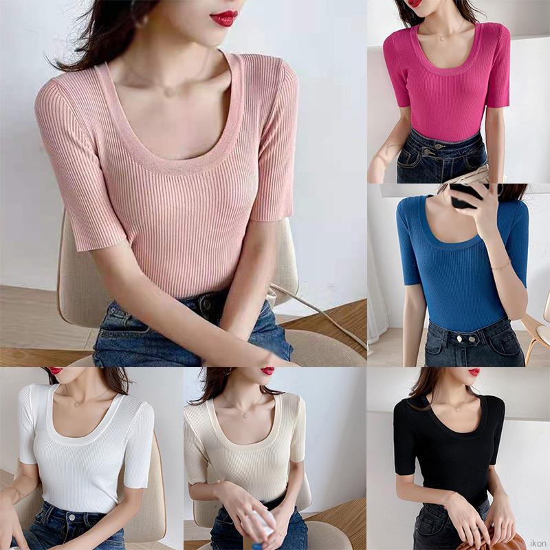 Áo thun tay ngắn cổ chữ U màu trơn thời trang Hàn Quốc dành cho nữ
