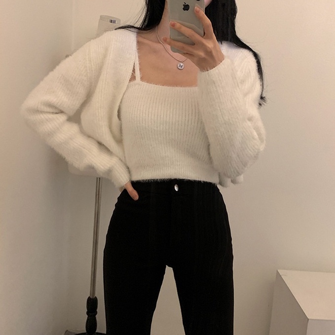 Set Áo Cardigan Dệt Kim + Áo Hai Dây Dài Tay Phong Cách Mới 45665