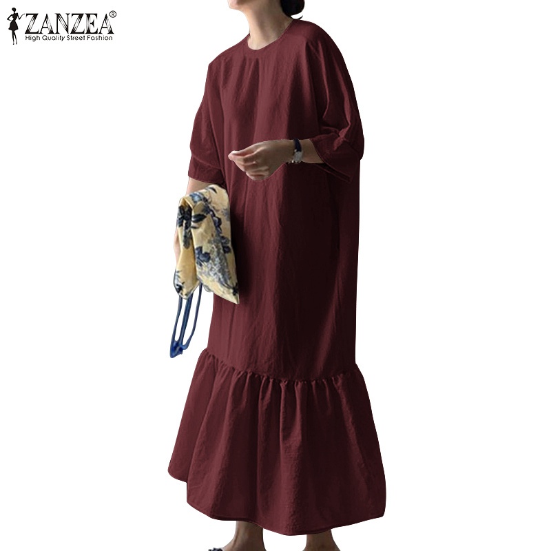 Đầm dài ZANZEA màu trơn viền phối bèo cổ chữ O tay áo lửng thời trang cho nữ
