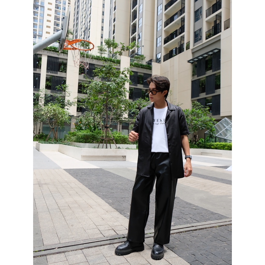 Sơ mi cuban ngắn tay Da bóng