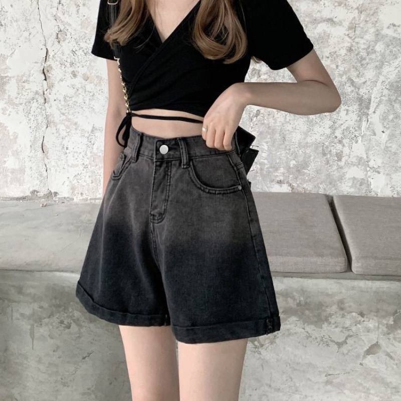 Quần short bò nữ dáng ngố lửng ống rộng chất bò trơn mềm dày sịn quần đùi bò basic cạp cao