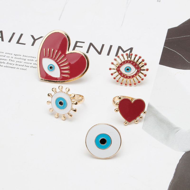 Bộ 5 nhẫn tráng men mặt hình trái tim con mắt dạng mở kiểu cường điệu trang sức thời trang cho nữ